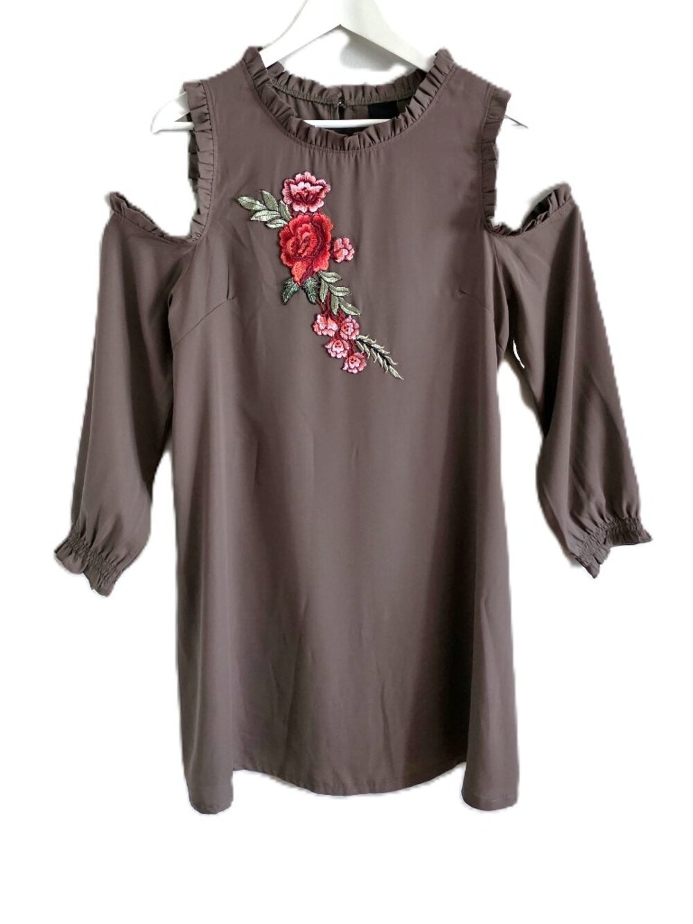 Coconuda embroidered brown cold shoulder dress